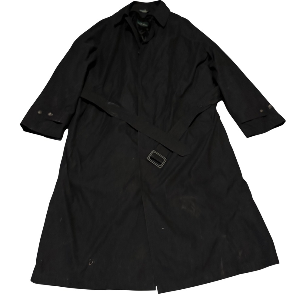 Lauren Ralph Black Full Length Wool Blend Trench Coat Quilted Lining 44L Men